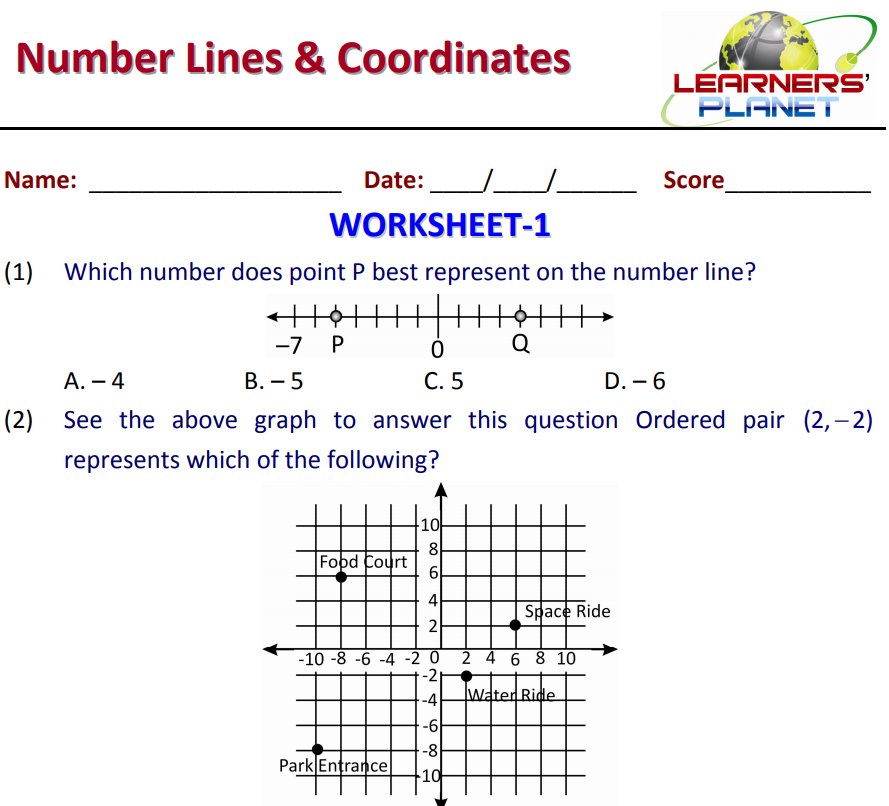 Number line and coordinate system printable worksheet